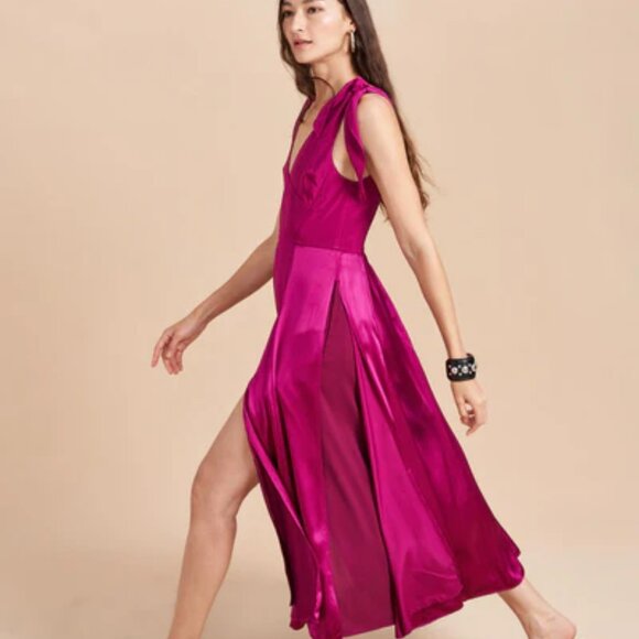 La Ligne Charlotte Tie-Detailed Midi Dress in Navy Blue + Brown Plaid - Picture 13 of 14